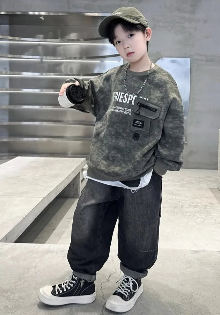 Boys' Middle/Big Kids 2025 New Spring/Autumn Long Sleeve Korean Style Edgy Loose Fit Sweatshirt Tops