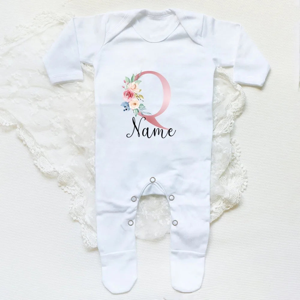 Personalised Babygrow Sleepsuit Flower Initial Infant Romper Baby Coming Home Outfit Newbron Shower Gift Baby Girls Sleepsuit