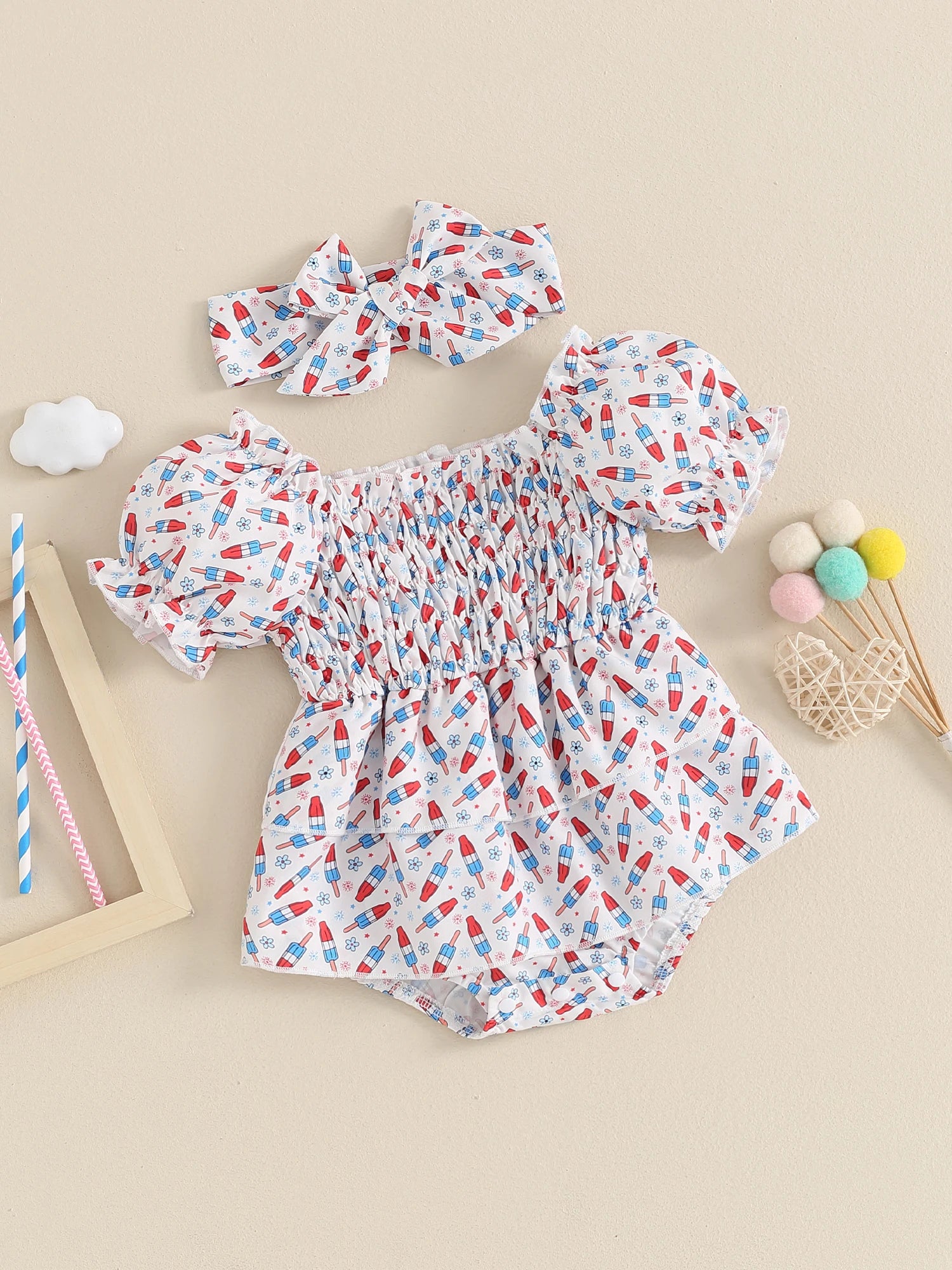 Baby Girl Summer Romper Sleeveless Watermelon Print Jumpsuit with Matching Bow Headband Infant Beach Outfit for 4th of July