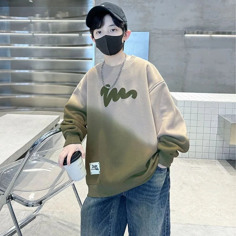 Boys' Medium-Large 2025 Autumn/Winter Trendy Fleece-Lined & Thickened Warm Loose Fit No Hood Sweatshirt