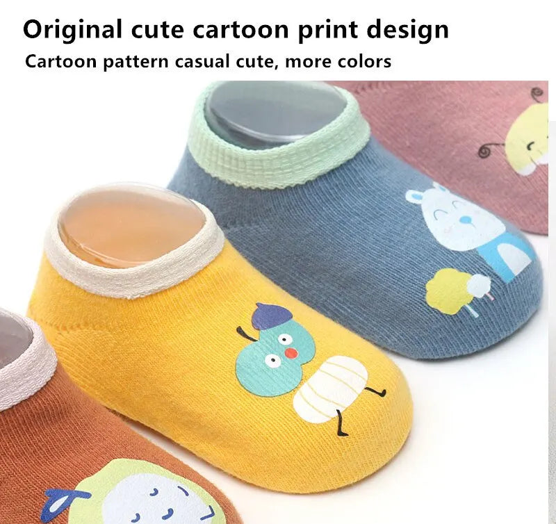 3Pairs Baby Non Slip Socks Cotton Casual Cartoon Print Boys Girls Toddler Floor Socks With Rubber Grips For 1-3Years