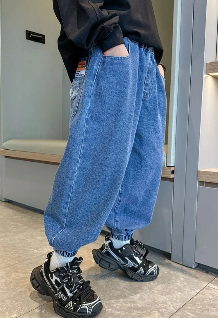 2025 New Boys' Denim Jeans Spring Autumn Kids Casual Sport Pants Long Korean Style Trendy Streetwear