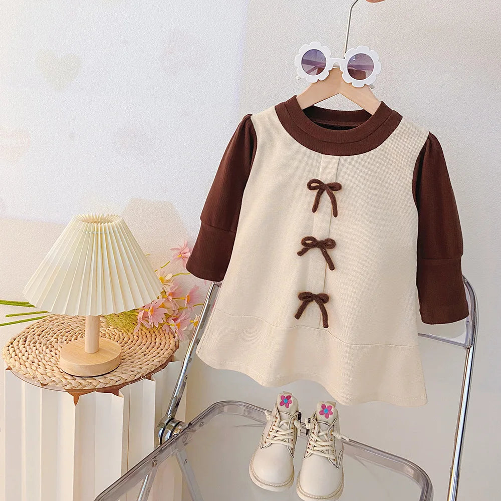 New Korean Style Baby Girl Dress For Spring And Autumn, Sweet Bow Children'S Long Sleeved Clothes (9 Months -3 Years Old)