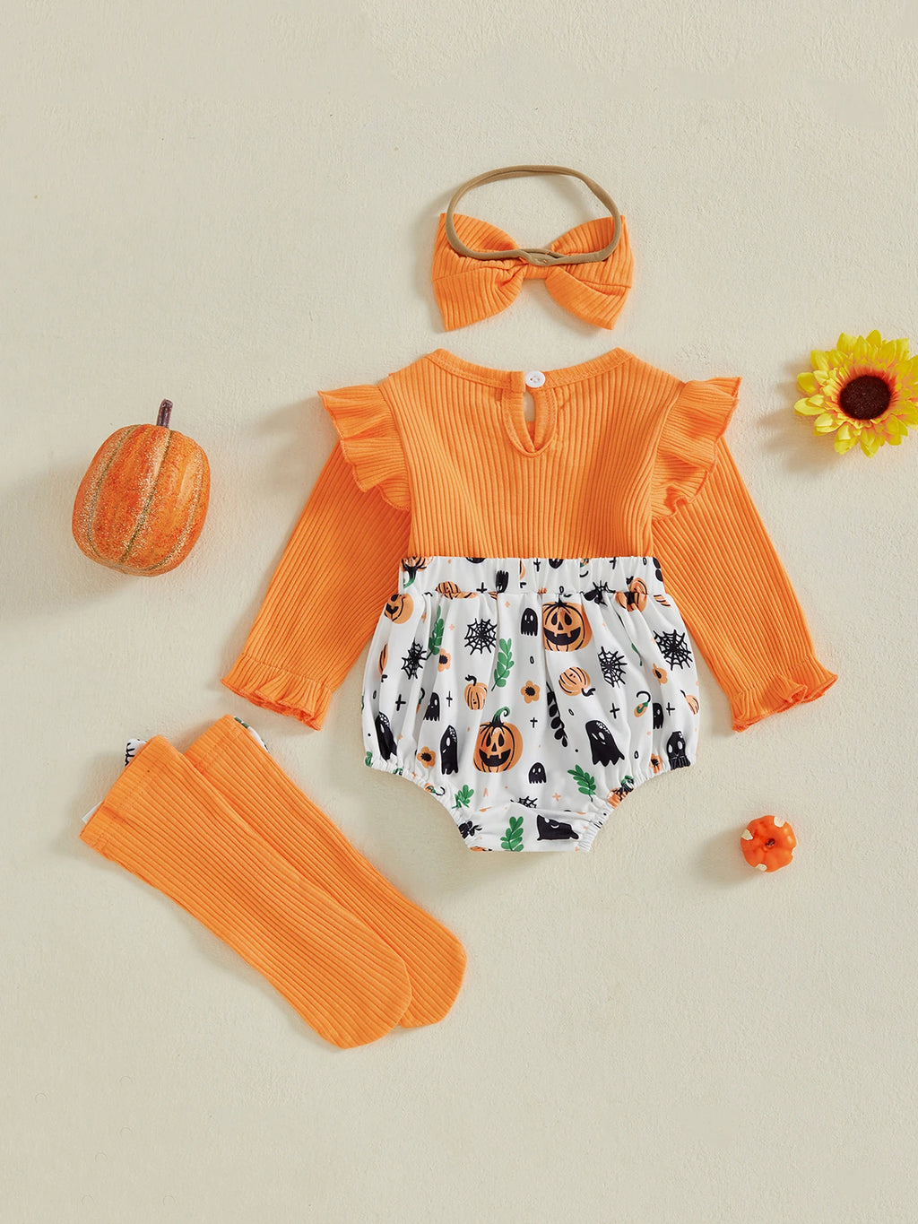 Adorable Baby Boys Halloween Costume Ghost Print Romper with Hat and Socks Set for Infant Toddler Outfits Spooky Fun