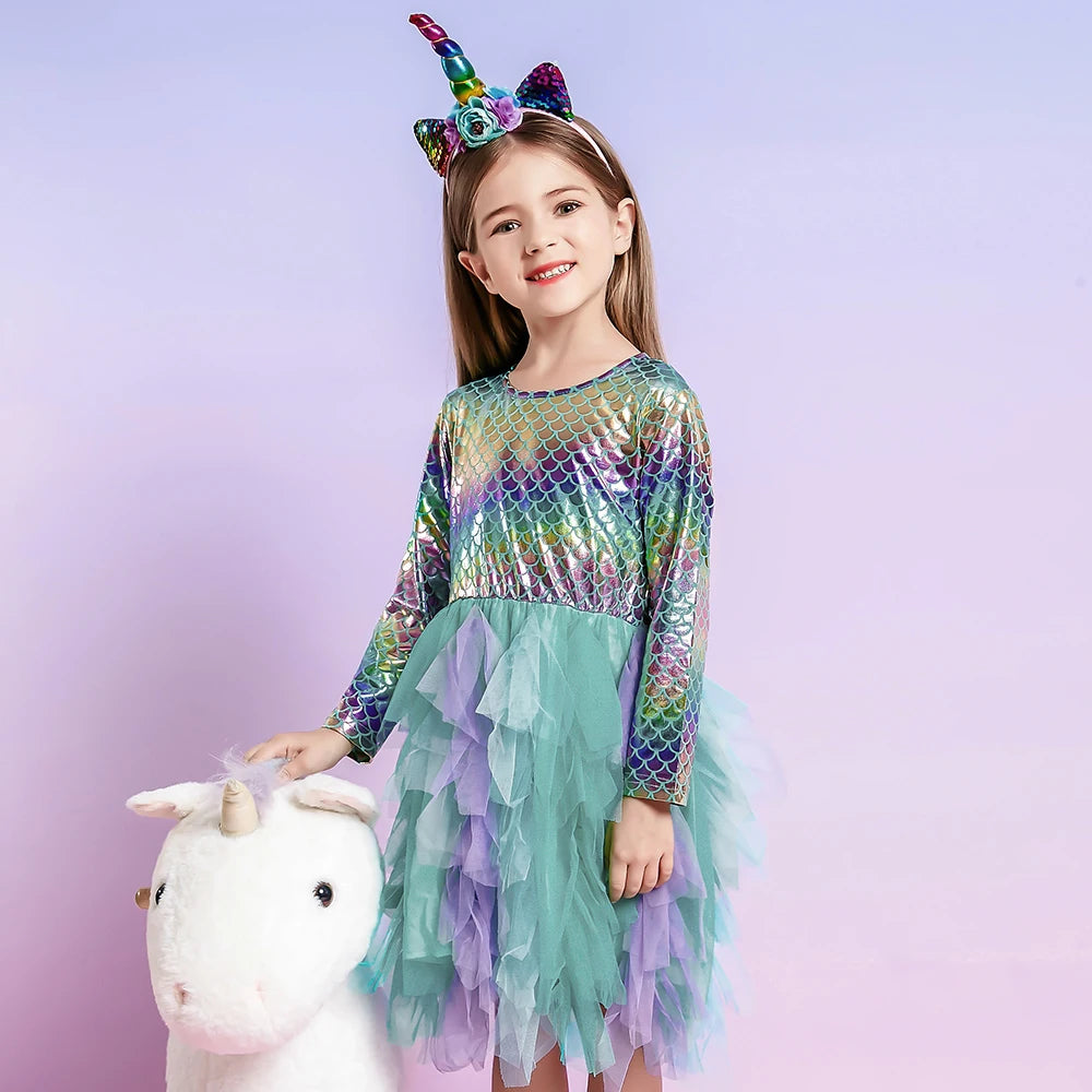 VIKITA Toddlers Girls Mermaid Print Dress Kids Colorful Gradient Layered Mesh Tulle Elegant Birthday Party Princess Tutu Dresse