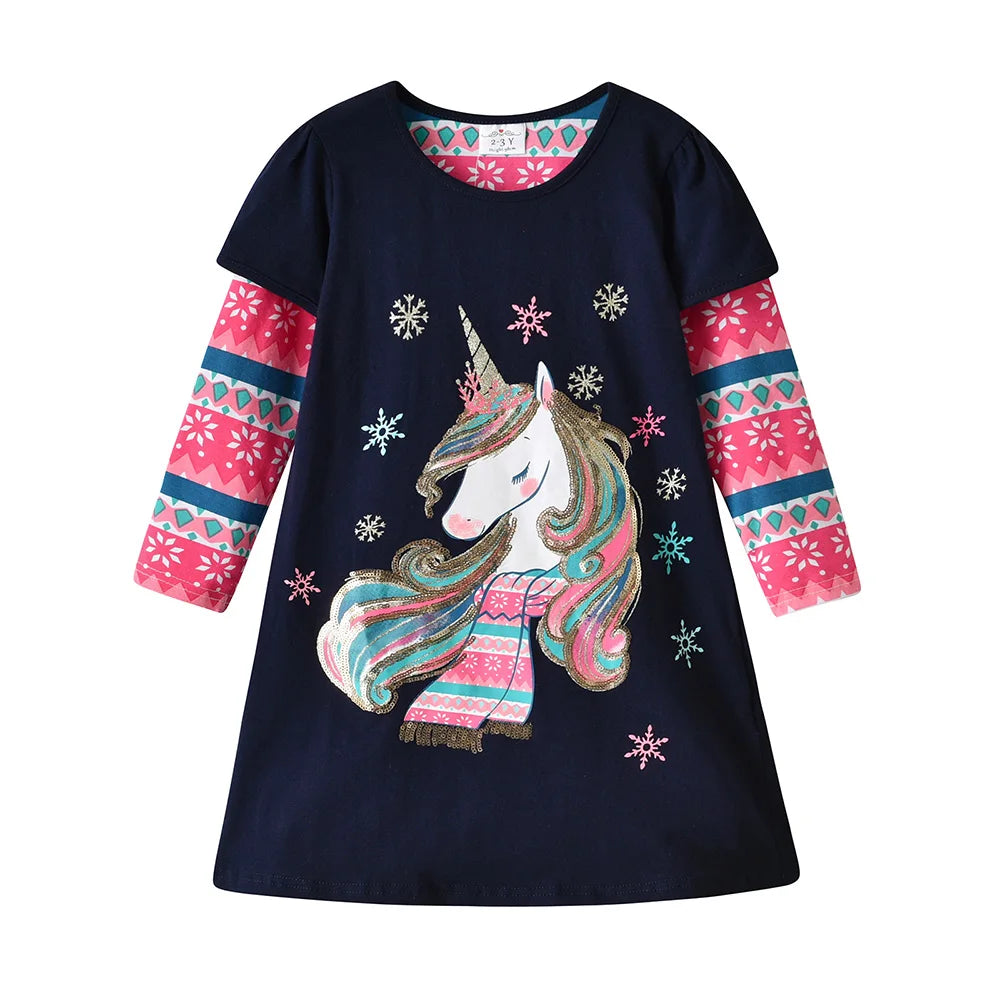 VIKITA Girls 2025 New Year Dress Kids Snowflakes Cartoon Christmas Xmas Cotton Casual Straight Dresses Gifts Children Clothing