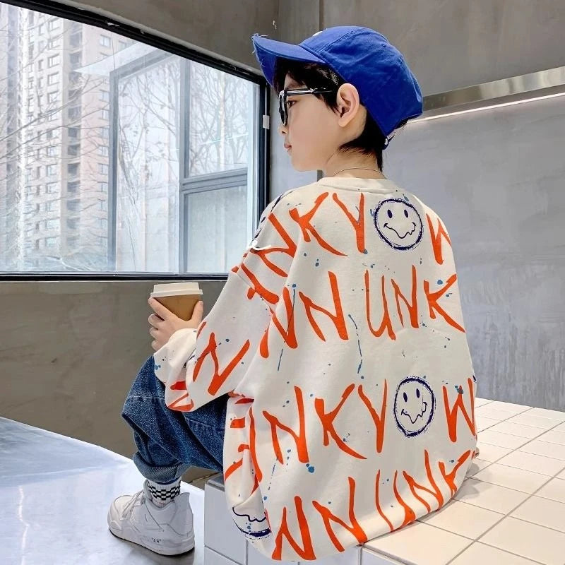 Boys' Medium-Large 2025 New Spring/Autumn No Hood Sassy Street-Style Long Sleeve Layering Top Sweatshirt