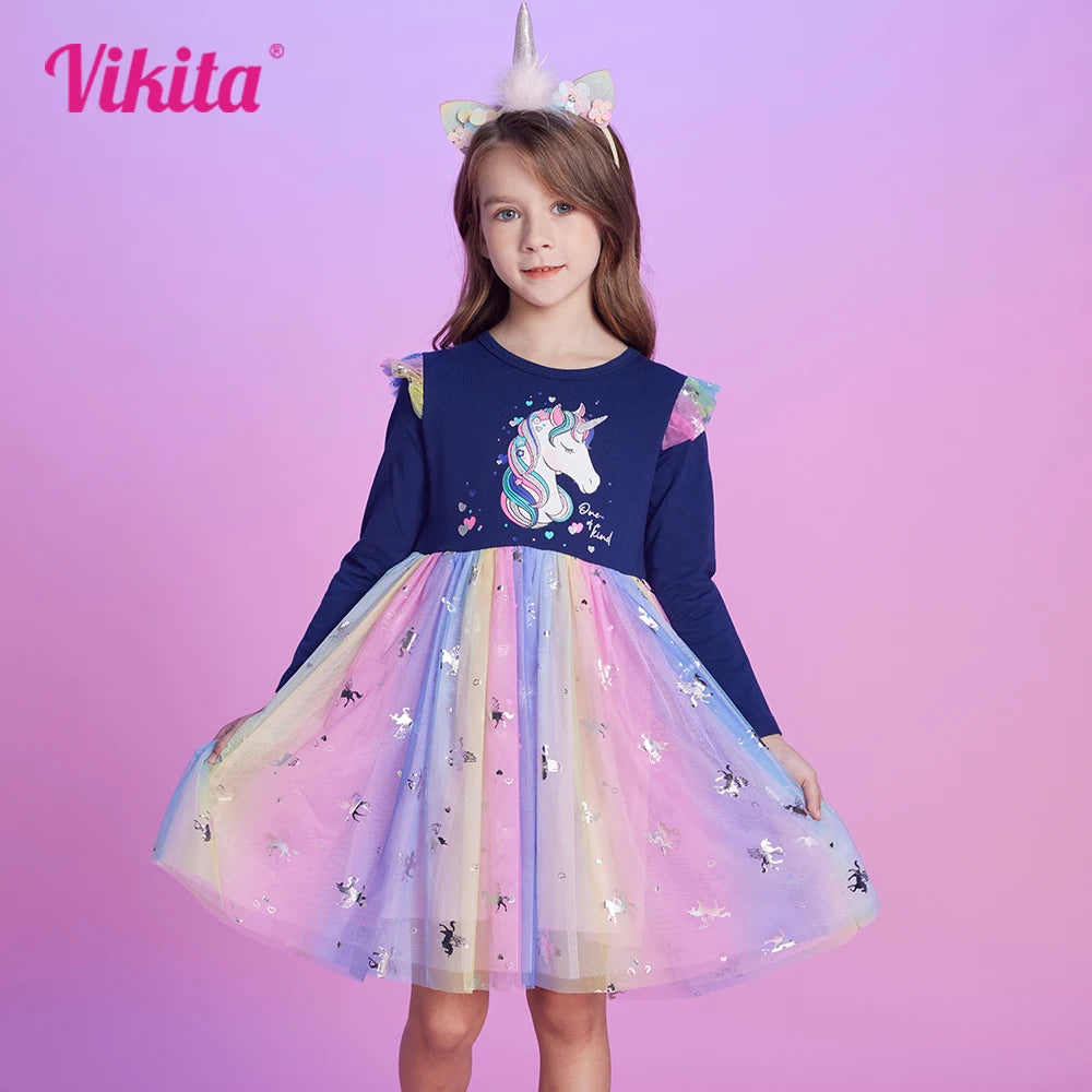VIKITA Girls Unicorn Dress for Autumn Spring Children Cotton Casual School Costumes Birthday Party Princess Mesh Dress for Girl