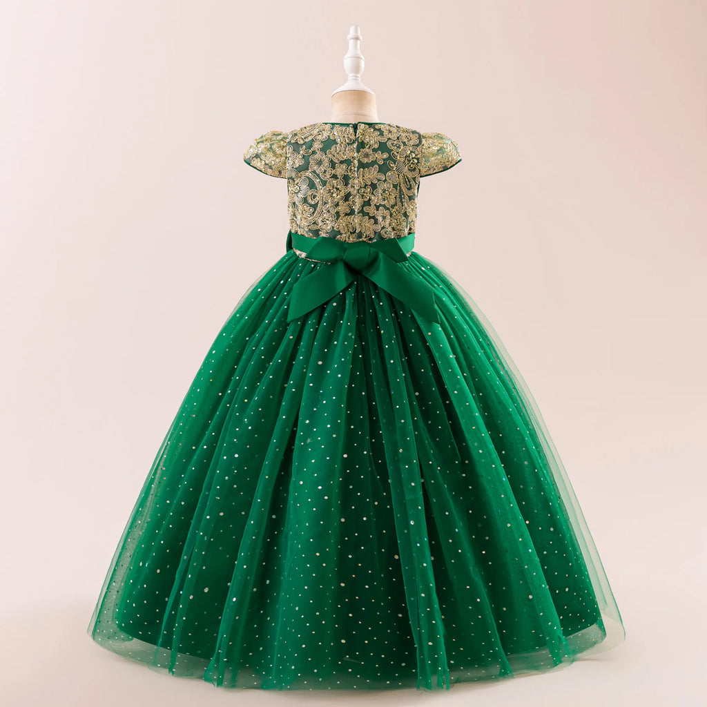 Elegant Bow Bridesmaid Party Girls Dress Sequin Flower Wedding Birthday Princess Dress Girl Tulle Prom Performance Gala Costumes