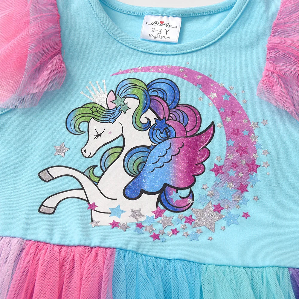 VIKITA Girls Licorne Star Print Dress Kids Summer Flare Sleeve Blue Dresses Kids Birthday Party Fashion Princess Elegant Dresses