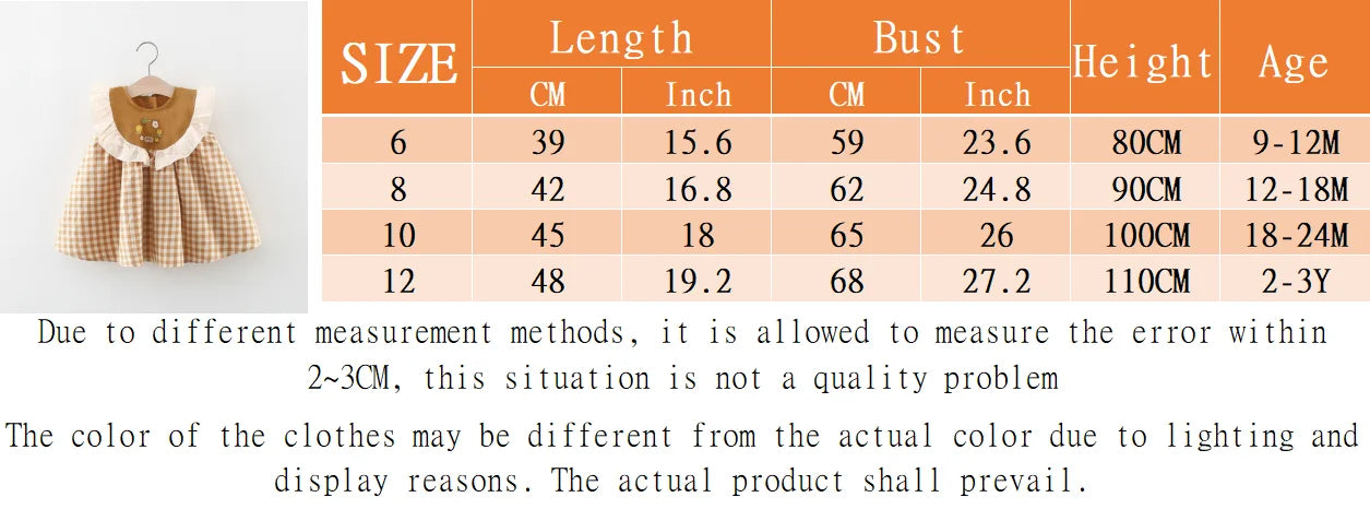 (9 Months -3 Years Old) Summer New Brown Checkered Baby Girl Dress, Simple Korean Style Children'S Clothing