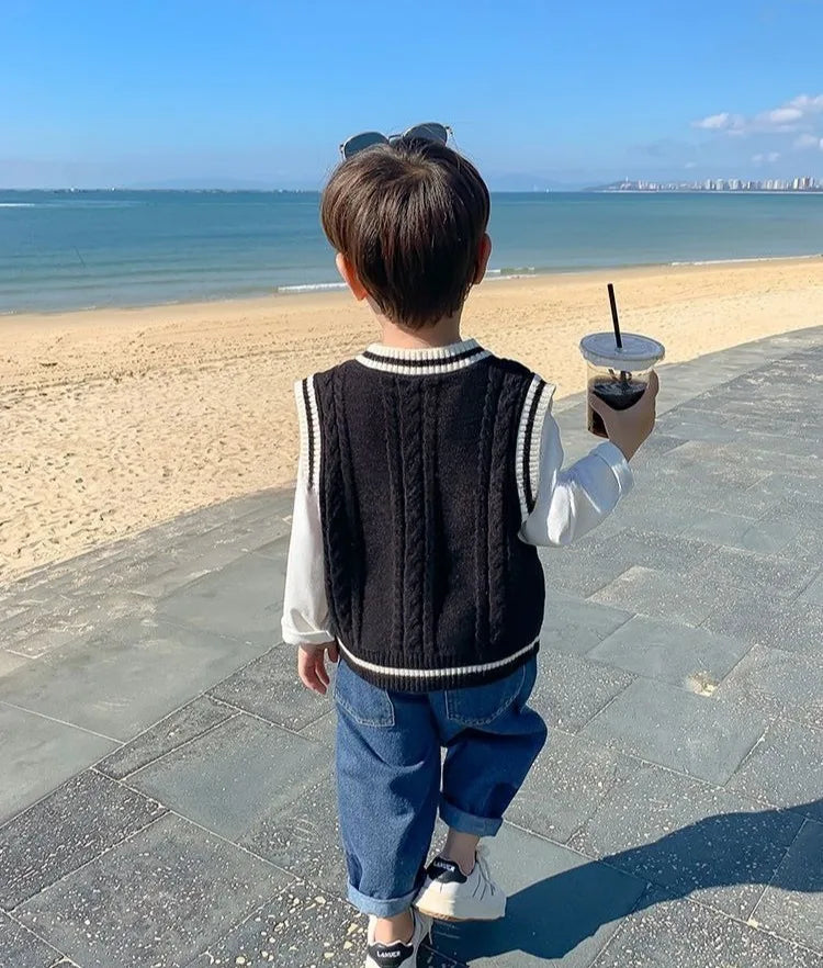 Boys' Knit Vest 2025 Spring Autumn New Preppy Style Kids' Outerwear Trendy Baby Boy Vest for School Casual Wear