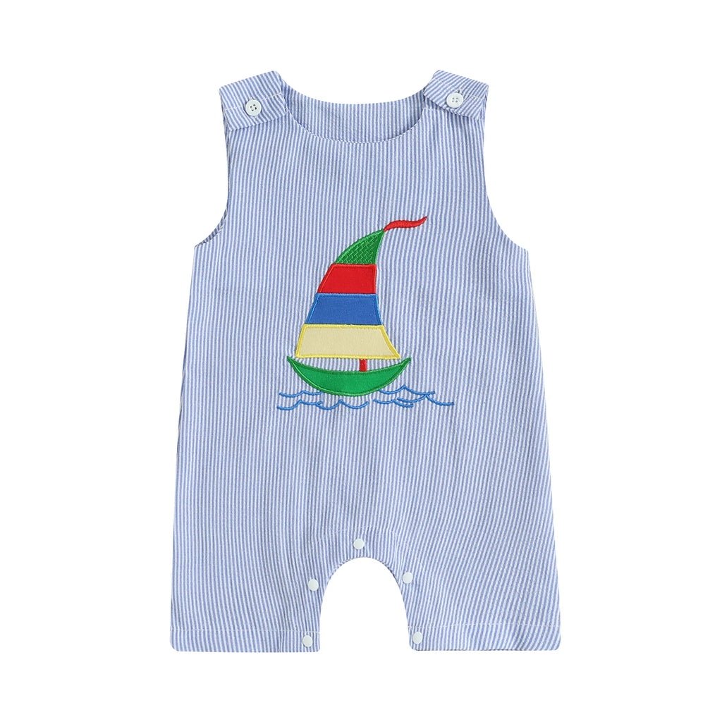Toddler Boy Nautical Striped Romper with Anchor Embroidery Adorable Sleeveless Jumpsuit Beachwear for Summer Fun