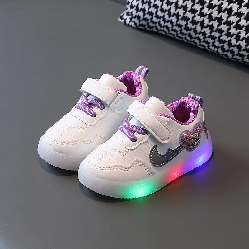 Kids'Casual Shoes Children Led Light Cartoon PU Leather Spring Anti-slip Soft Bottom Sneakers Black Pink Size 21-30