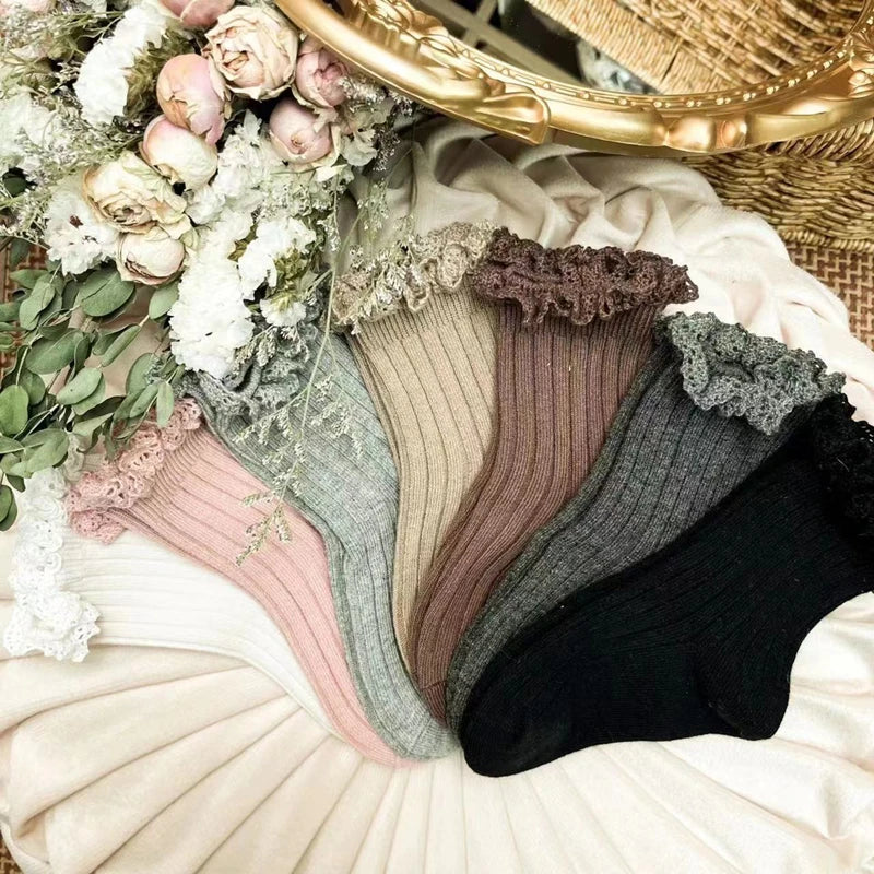 Ruffle Kids Knee High Socks Baby Girls Toddlers Long Soft Cotton Sock Lace Flower Children School Uniform Socks For 0-8Years