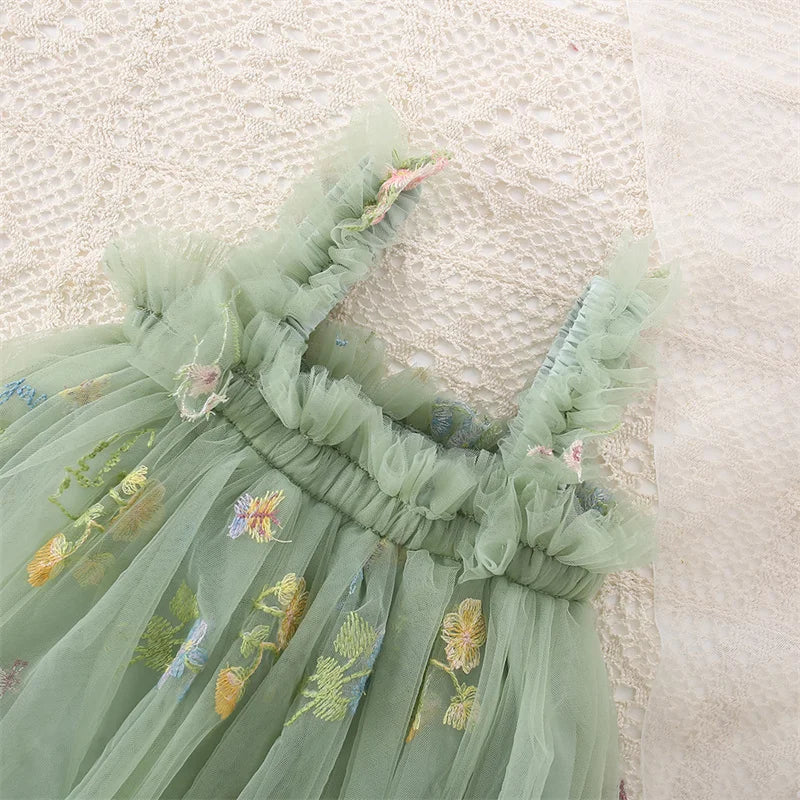Summer New Green Chiffon Baby Girl Princess Dress, Sweet Flower Embroidery Children'S Sling Clothes For Babies Aged 0-5 Years