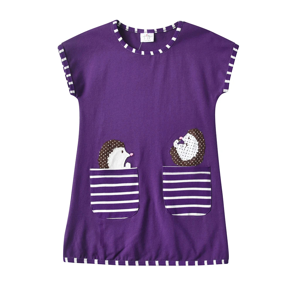 VIKITA Girls Purple Dress Kids Summer Cotton Casual Daily Dresses Girls Hedgehog Print Cartoon Dress with Pockets Kids Clothing
