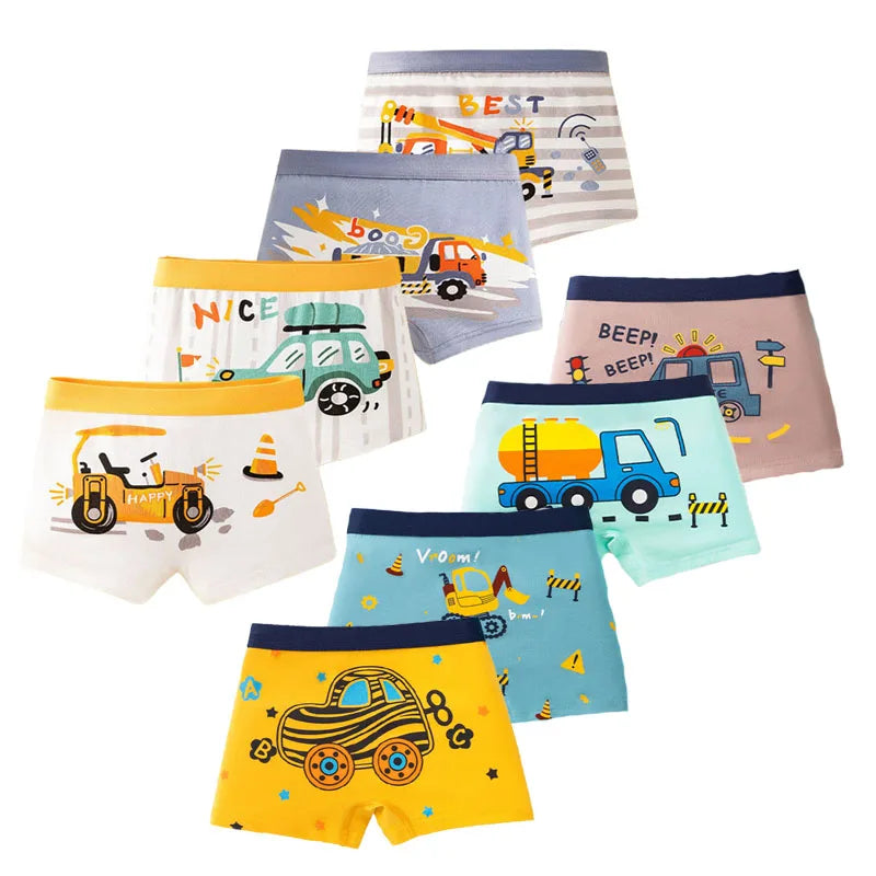 4/8Pcs High Quality Cotton Boy Boxer Brief Cool Excavator Pattern Kids Boxers Breathable Children Underwear Soft Bottom Panty