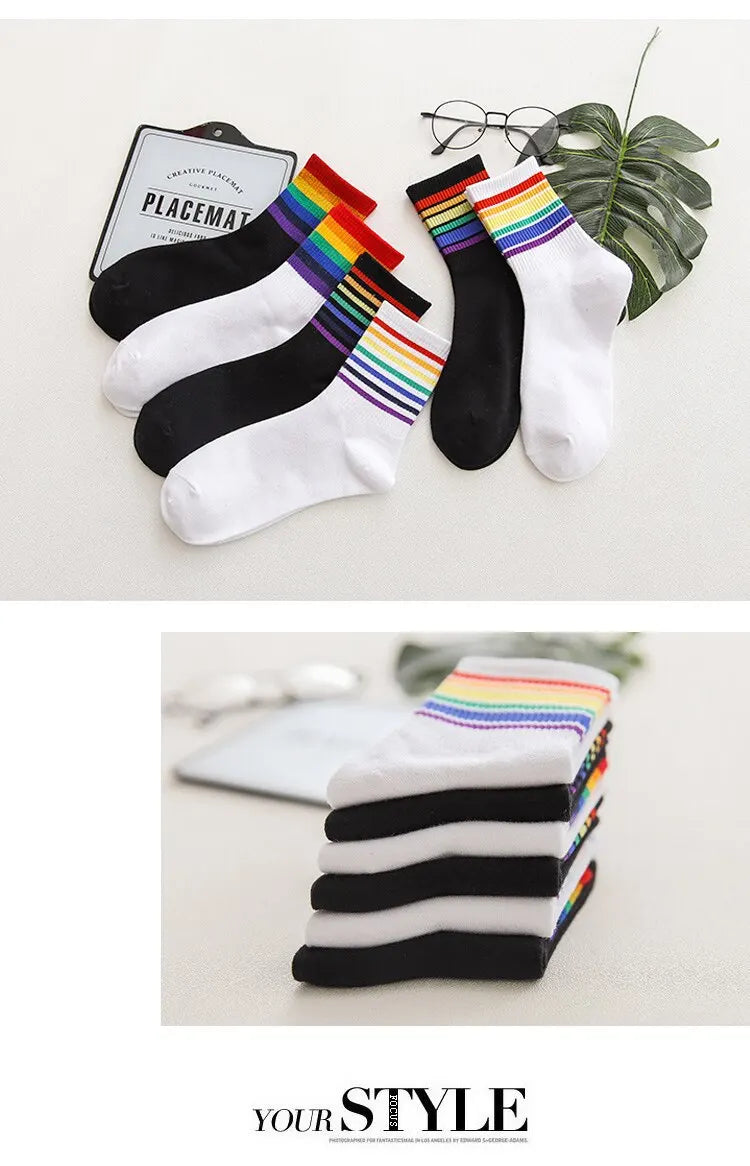 Socks Womens Medium Tube Autumn Ins Trendy Thin Ttriped Rainbow Socks Japanese Cute Candy Color High Top Stocking