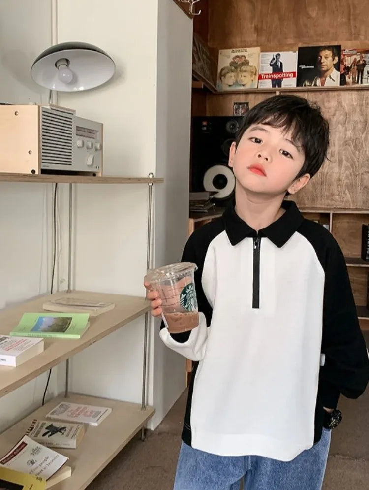 Boys' 2025 Spring/Autumn New Arrival Cotton Punk-Style Street-Savvy Trendy Polo Collar Sweatshirt - Stylish Baby Boys' Top