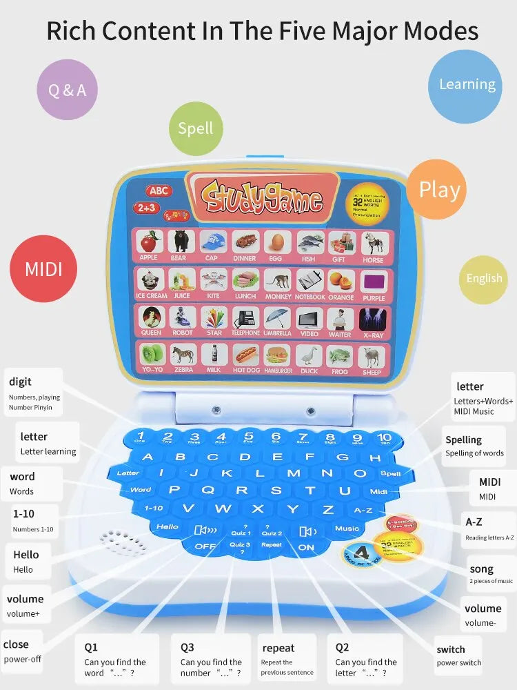 English Learning Small Laptop Toy for Kids. Boys and Girls Computer for Aphabet ABC.Numbers.Words.Spelling.Maths.Music