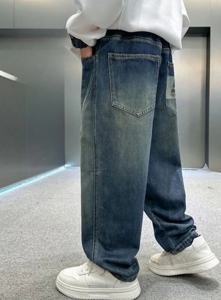 2025 New Korean Style Boys Jeans Spring Autumn Loose Fit Elastic Casual Kids Big Kids Fashion Trendy Jeans