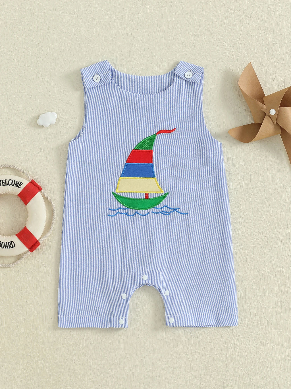 Toddler Boy Nautical Striped Romper with Anchor Embroidery Adorable Sleeveless Jumpsuit Beachwear for Summer Fun