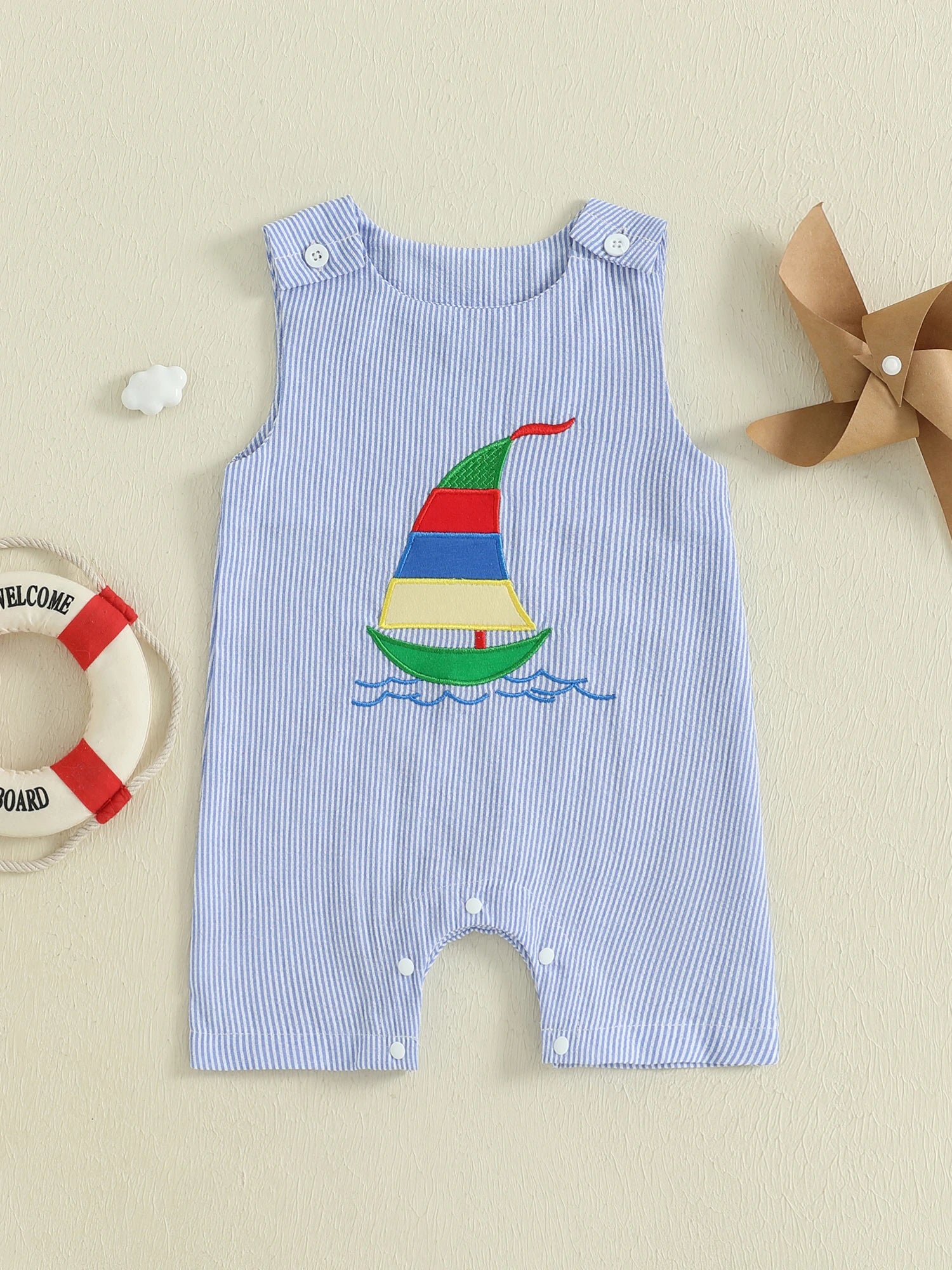 Toddler Boy Nautical Striped Romper with Anchor Embroidery Adorable Sleeveless Jumpsuit Beachwear for Summer Fun