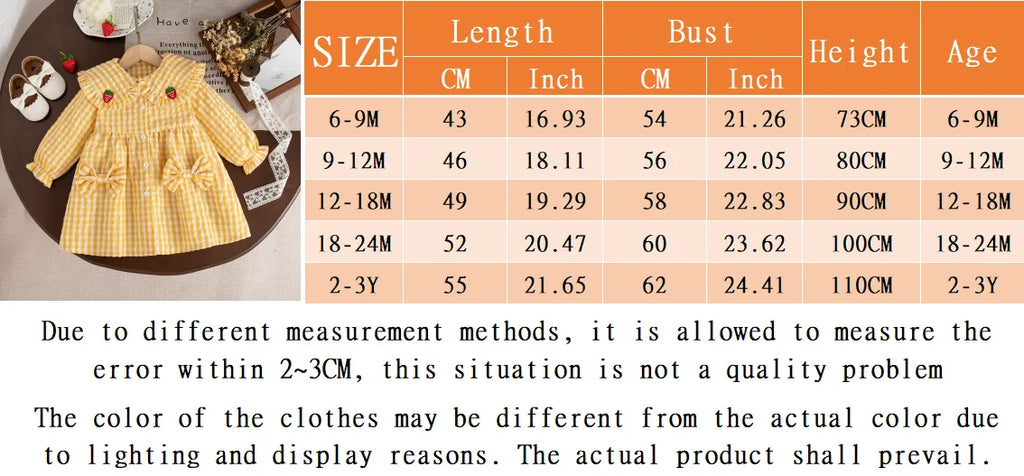 Spring And Autumn New Sweet Strawberry Baby Girl Dress, Yellow Checkered Long Sleeved Children'S Clothing For Babies Aged 0-3