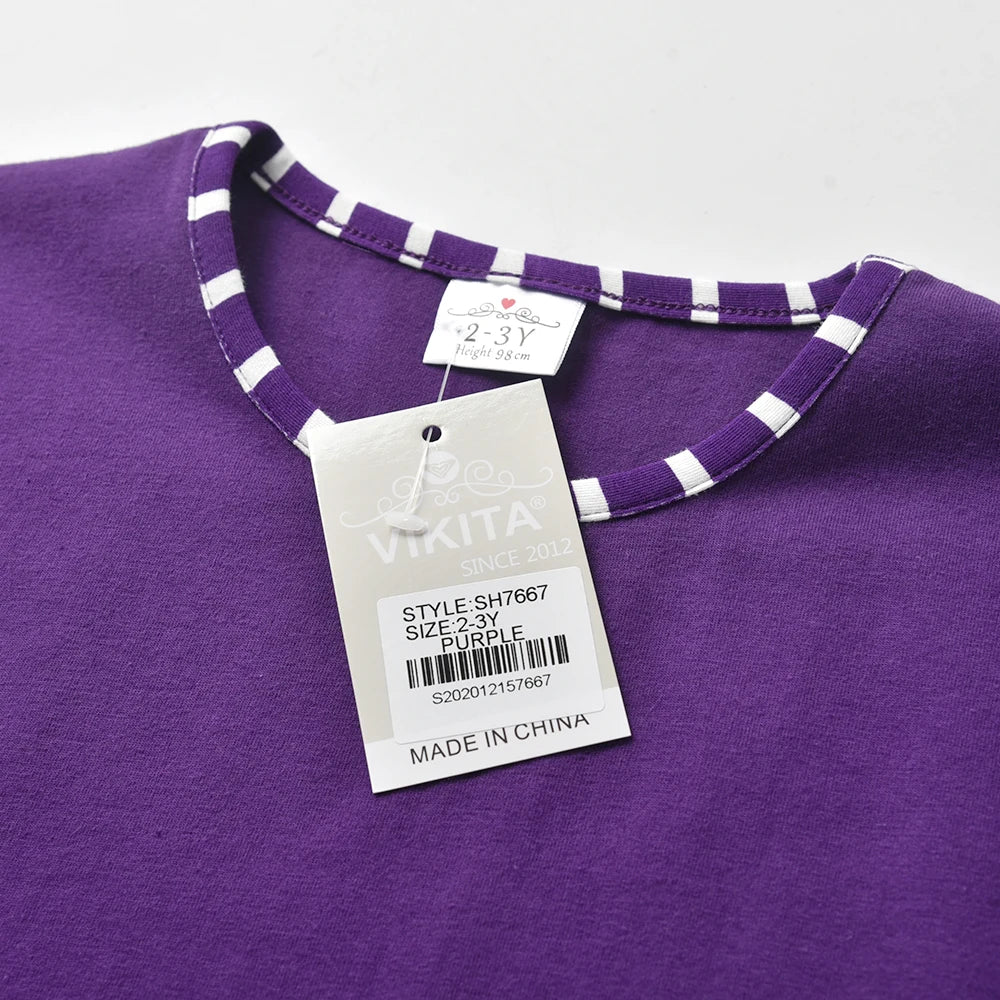 VIKITA Girls Purple Dress Kids Summer Cotton Casual Daily Dresses Girls Hedgehog Print Cartoon Dress with Pockets Kids Clothing