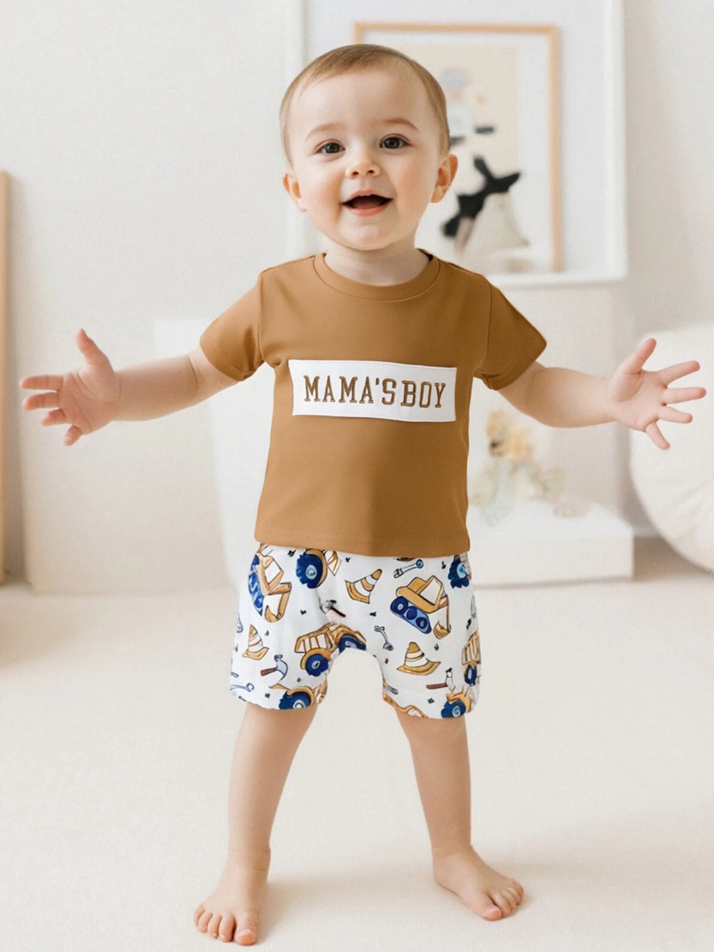 Adorable Baby Boys Summer Outfits with Fun Letter Print T-Shirt and Cute Digger Print Shorts Set for 2-Piece Stylish Ensemble