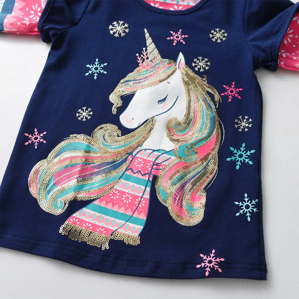 VIKITA 2025 New Girls Long Sleeve Snowflake Print Tops Girls Christmas New Year Xmas Gifts Toddlers Cotton Casual T Shirt Tees