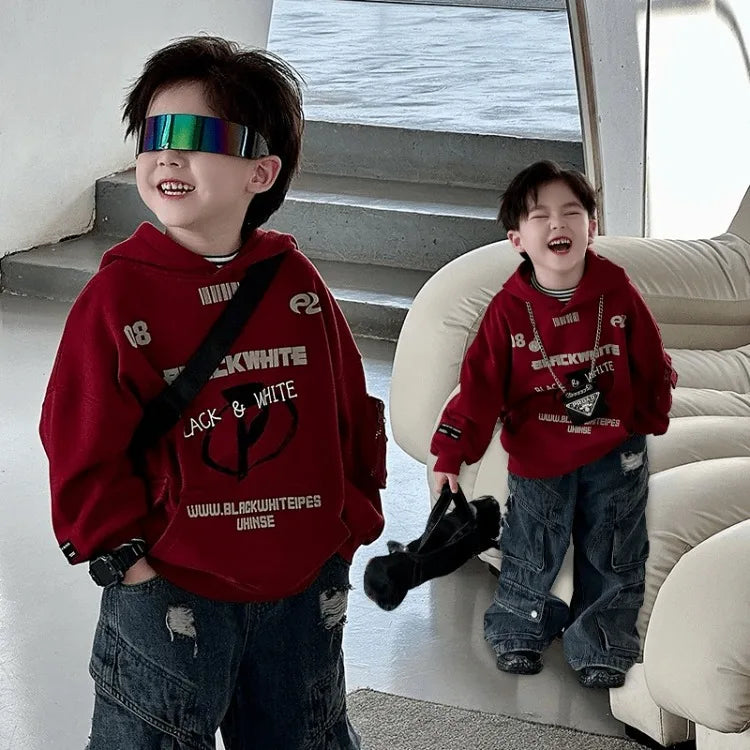 2025 New Boys' Korean-Style Printed Hooded Pullover Hoodie - Baby Autumn Winter Warm Long Sleeve Top