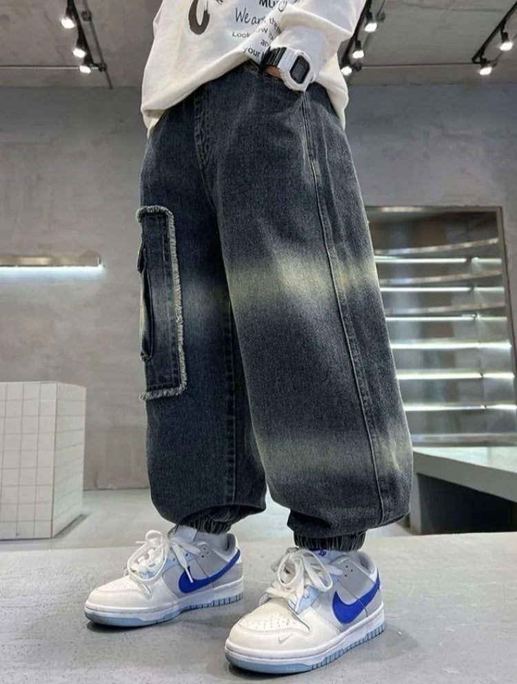 2025 Boys' Cargo Pants All-Season Washed Tie-Dye Denim Long Pants Trendy Casual Style