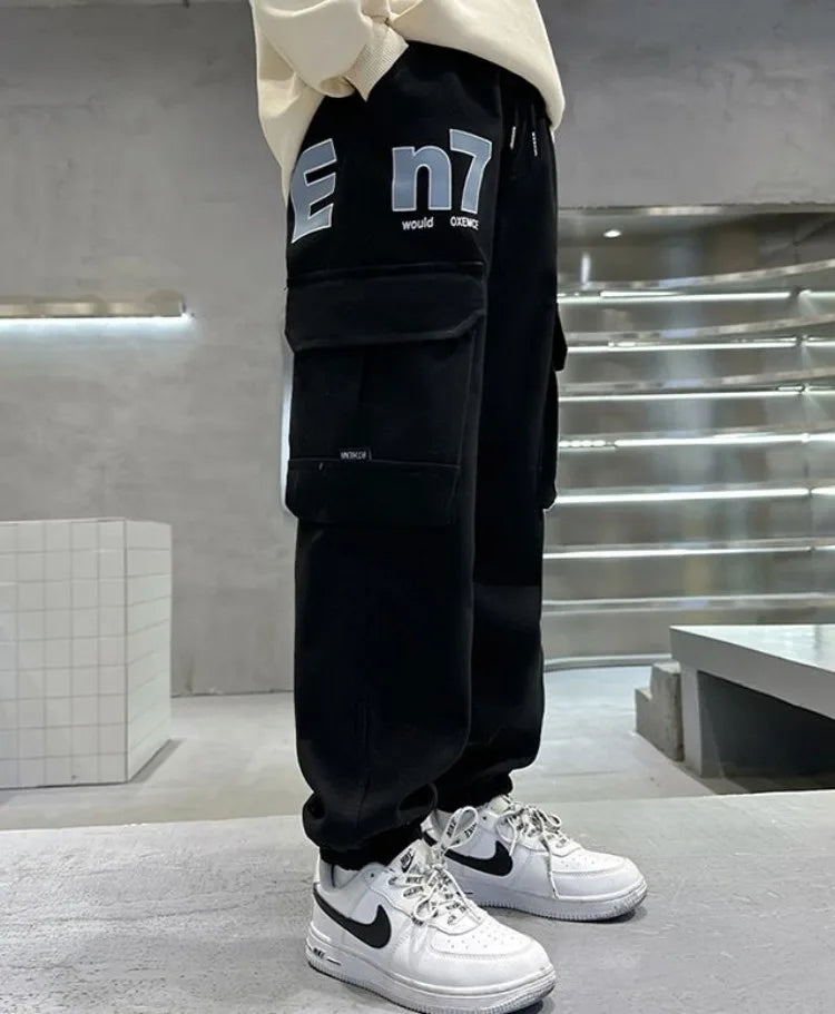 Boys Cargo Pants Spring Autumn Fleece-Lined Kids Casual Loose Long Pants Stylish Warmth Outdoor Playwear