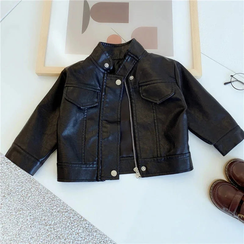Boys Pu Leather Jackets Spring Autumn Children Handsome Outerwear Kids Zipper Trends Coats Baby Classics Clothes 2-8 Years