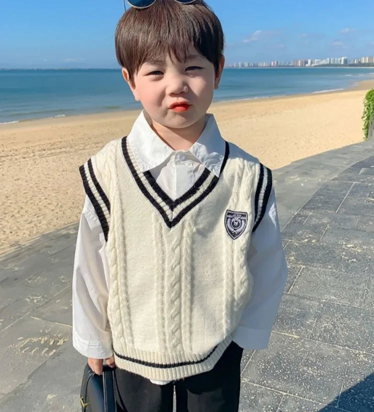 Boys' Knit Vest 2025 Spring Autumn New Preppy Style Kids' Outerwear Trendy Baby Boy Vest for School Casual Wear