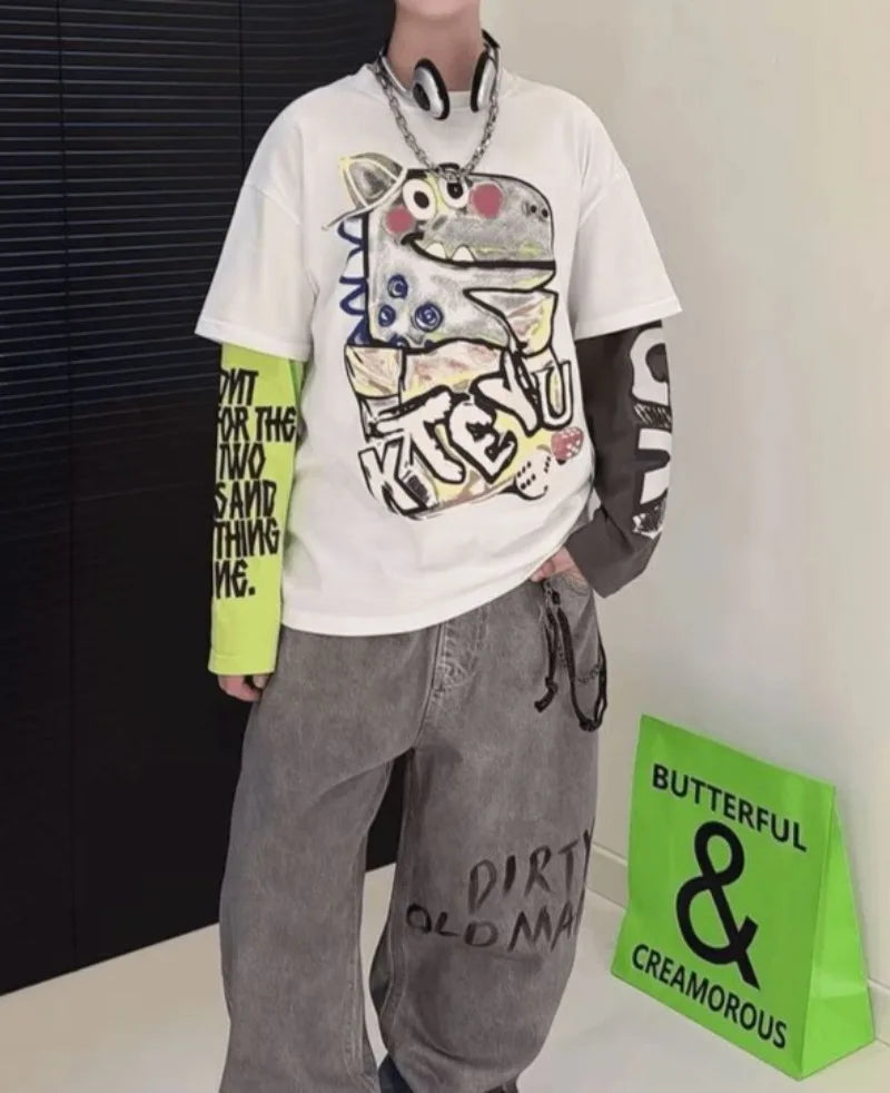 Fake Two Pieces Long Sleeve Cotton T-shirt Clothes for Boys Children's Tee Cartoon Fashion Clothing Korean Kids Boy 7 8 14 Years