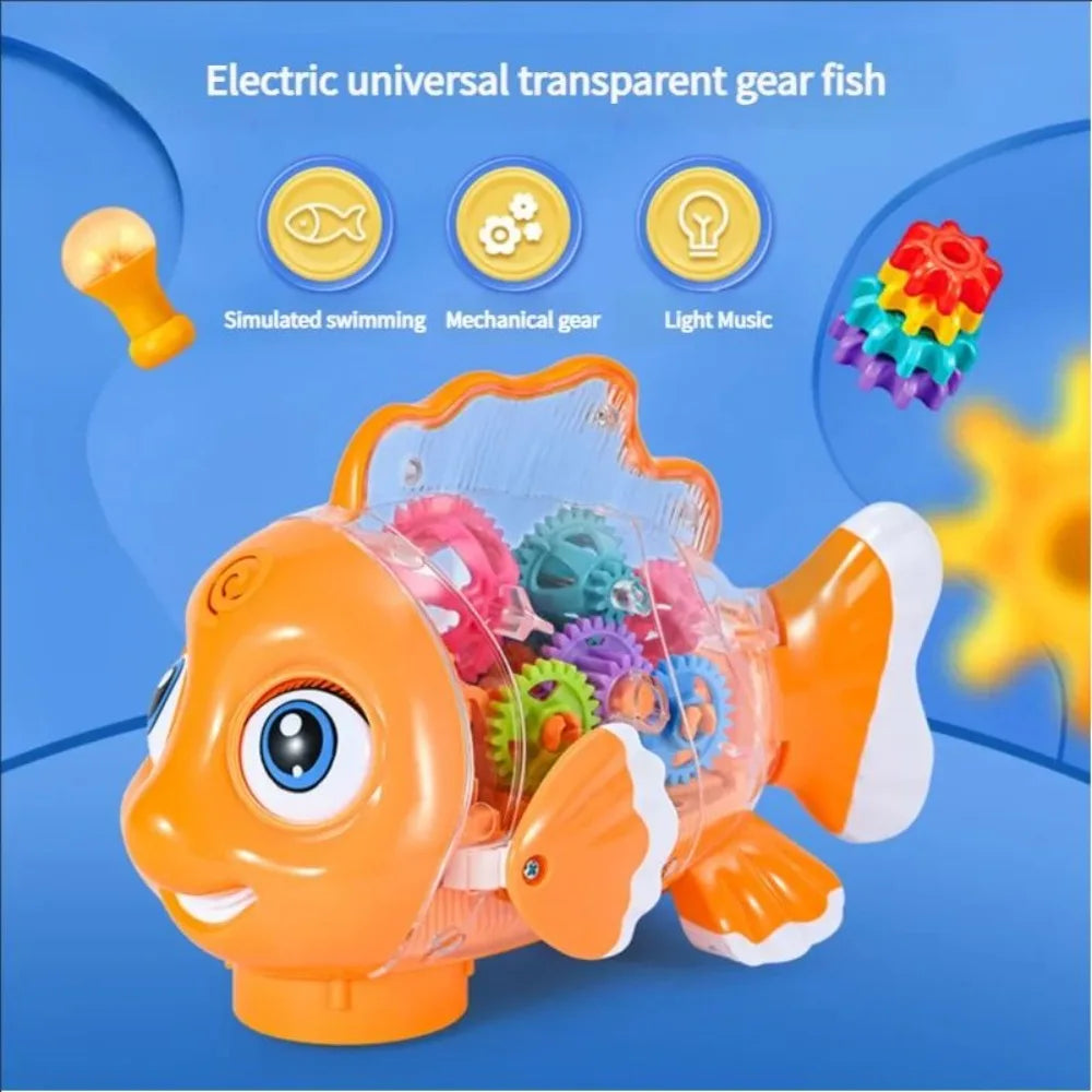 Transparent Electric Gear Gold Fish Toddler Toys with Music & Lights Bump & Go Educational STEM Toys for Babies Tummy Time Gifts