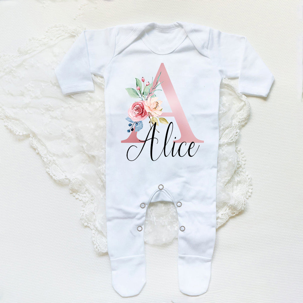 Personalised Babygrow Sleepsuit Flower Initial Infant Romper Baby Coming Home Outfit Newbron Shower Gift Baby Girls Sleepsuit