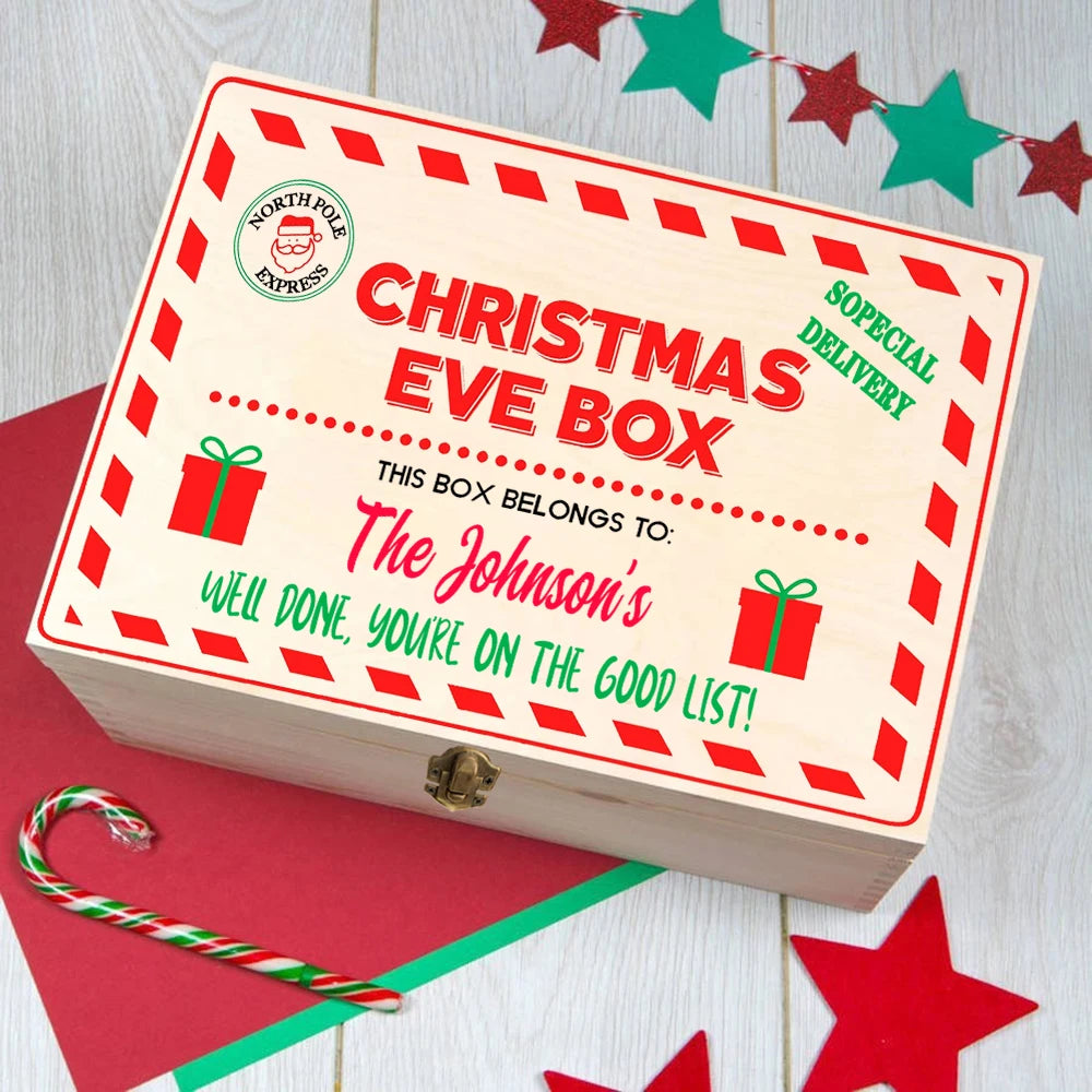 Personalized Christmas Eve Box Custom Xmas Gift Wood Box Boys Girls Cute Christmas Present Box Kids Santa Holiday Gifts Box