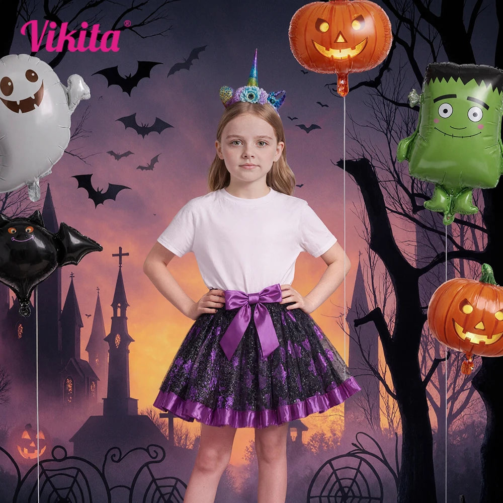 VIKITA Girls Halloween Festival Cosplay Skirt Kids Cobweb Purple Mesh Tulle Ruffles Party Princess Mini Skirts Children Clothes