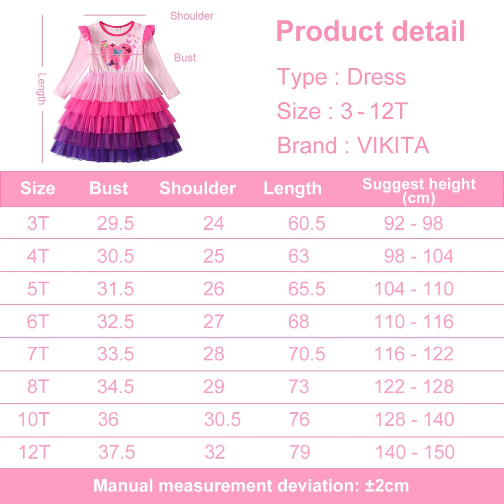 VIKITA Girls Heart Design Butterfly Print Dress Kids Pink Dresses Girls Autumn Spring Long Sleeve Mesh Tulle Layered Vestidos