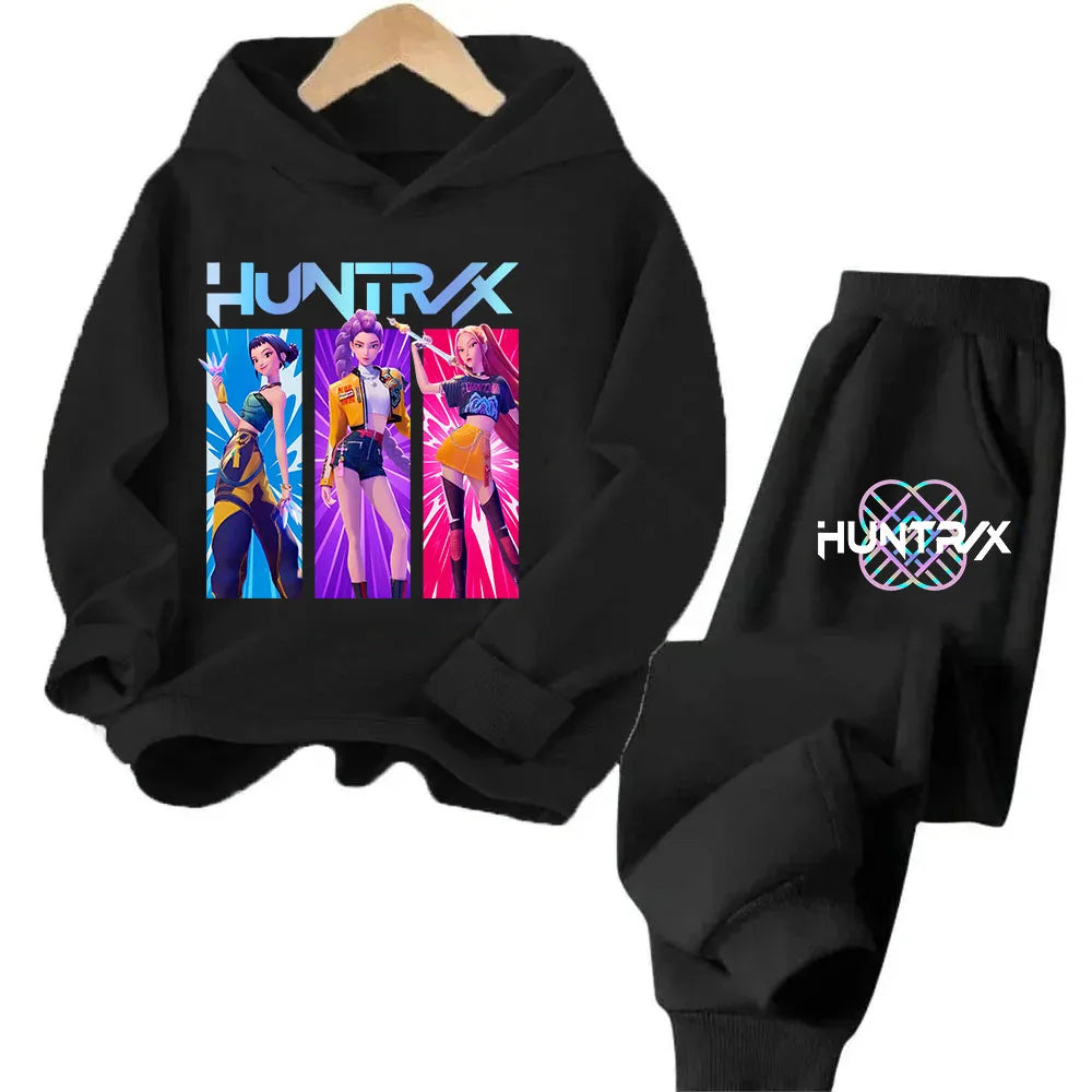 Girls Clothing 2025 Hot KPop Demon Hunter Cartoon Girls Hooded Sweatshirt Sweatpants Set Warm Children's Fashion Casual Tops