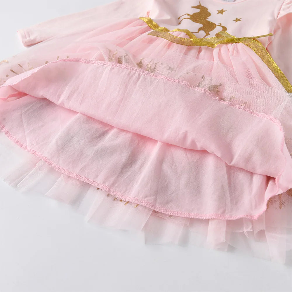 VIKITA Girls Pink Long Sleeve Dress with Glittery Golden Unicorn Kids Ruffled  Sleeve Tulle Mesh Skirt Princess Party Prom Gown