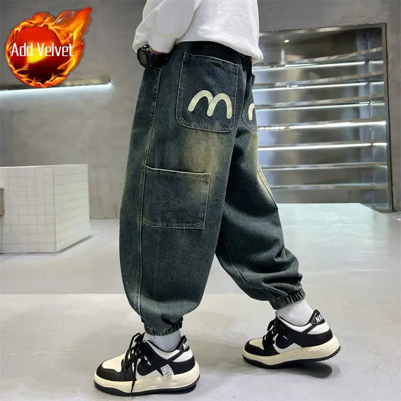 Boys' Fleece-Lined Jeans 2025 New Autumn/Winter Thermal Insulated Trendy Long Pants for Big Tall Kids, Stretchy Fabric Loose Fit