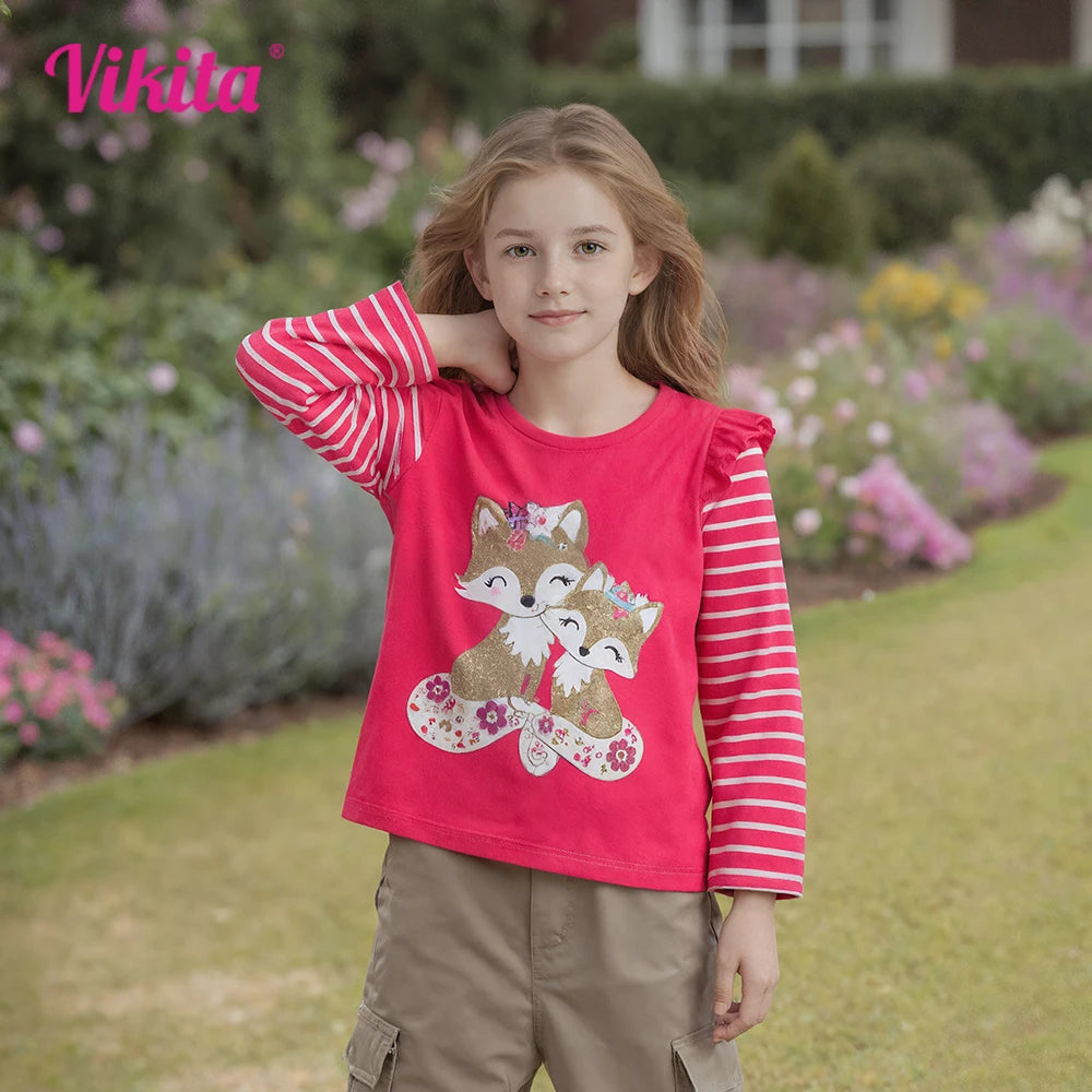 VIKITA Toddlers Rose Colored Long Sleeve Striped T Shirts Kids Based Casual Daily Cute Fox Floral Cartoon Print Cotton Tops Tees