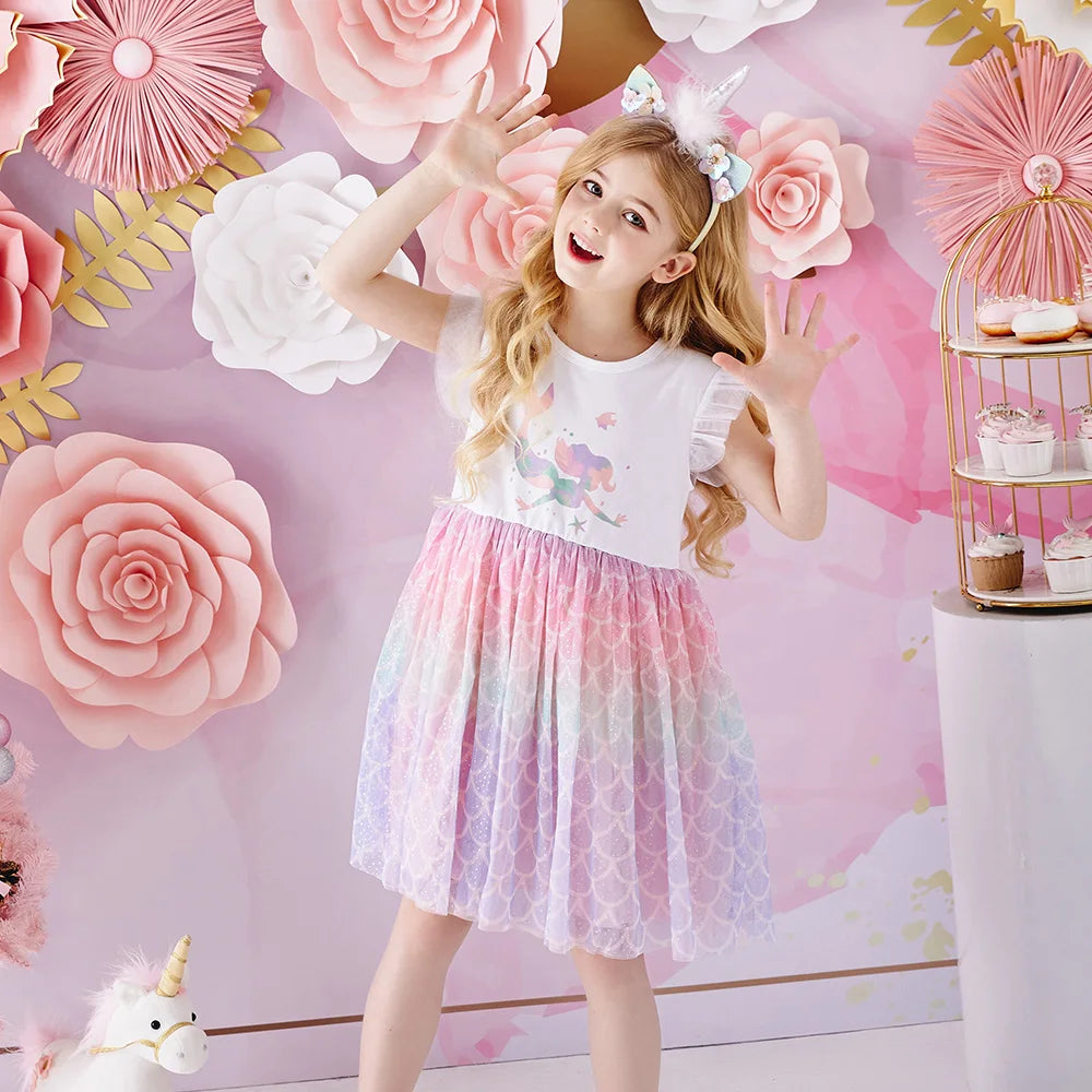 VIKITA Kids Mermaid Print Cartoon Dress Girls Gradient Vacation Birthday Party Casual Princess Flare Sleeve Summer Dresses 3-8 Y