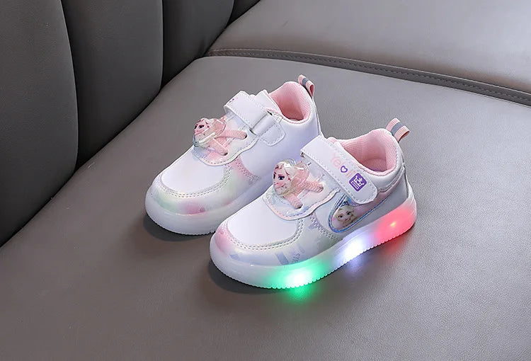 Disney Kids Girls Shoes Children Sneakers Girls Elsa Frozen Princess Casual Sport Student Shoes LED Lights Shoes Size 21-30