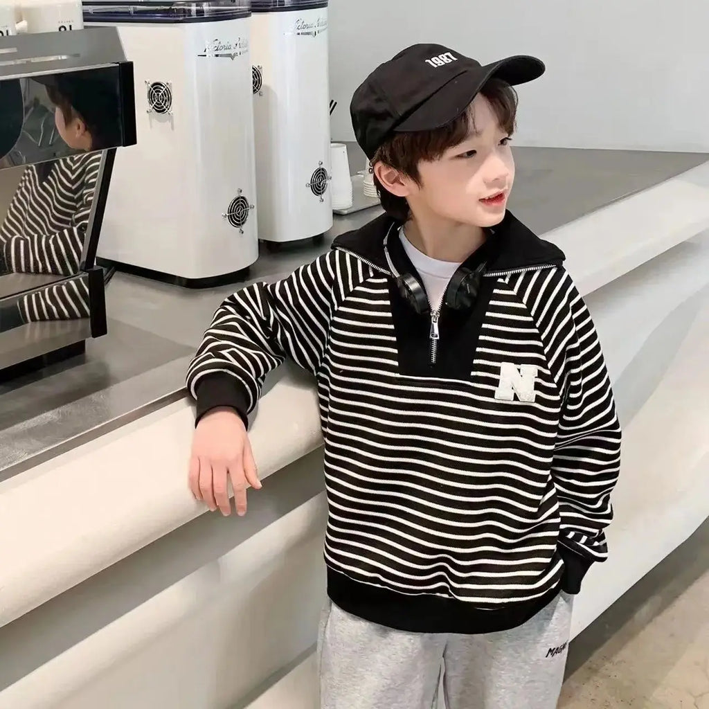 Boys' Medium-Large 2025 Spring/Autumn Korean Style Large Collar Black & White Striped No Hood Sweatshirt